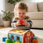 Un jeune enfant concentré manipulant un cube en bois devant une boîte à formes en forme de grange.