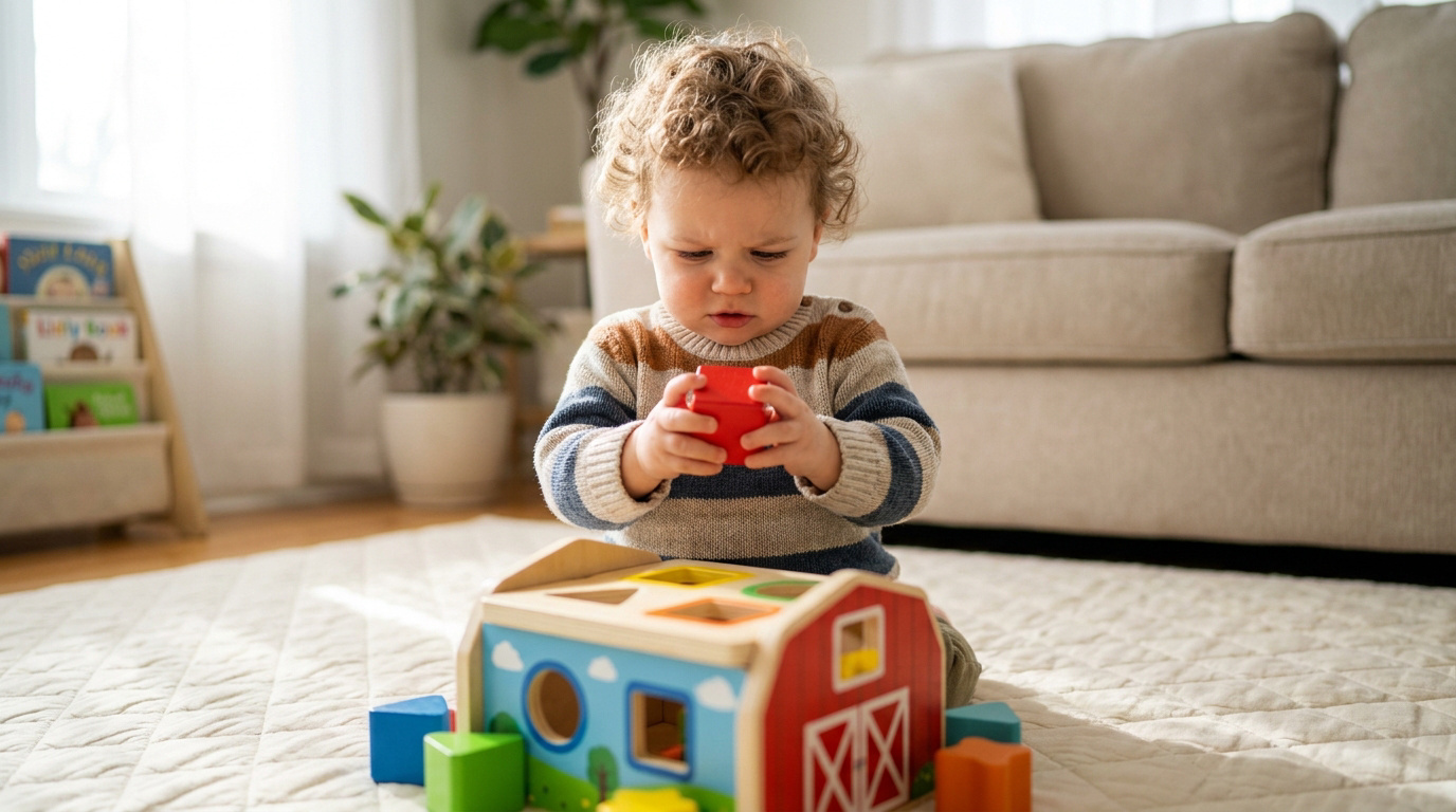 Un jeune enfant concentré manipulant un cube en bois devant une boîte à formes en forme de grange.