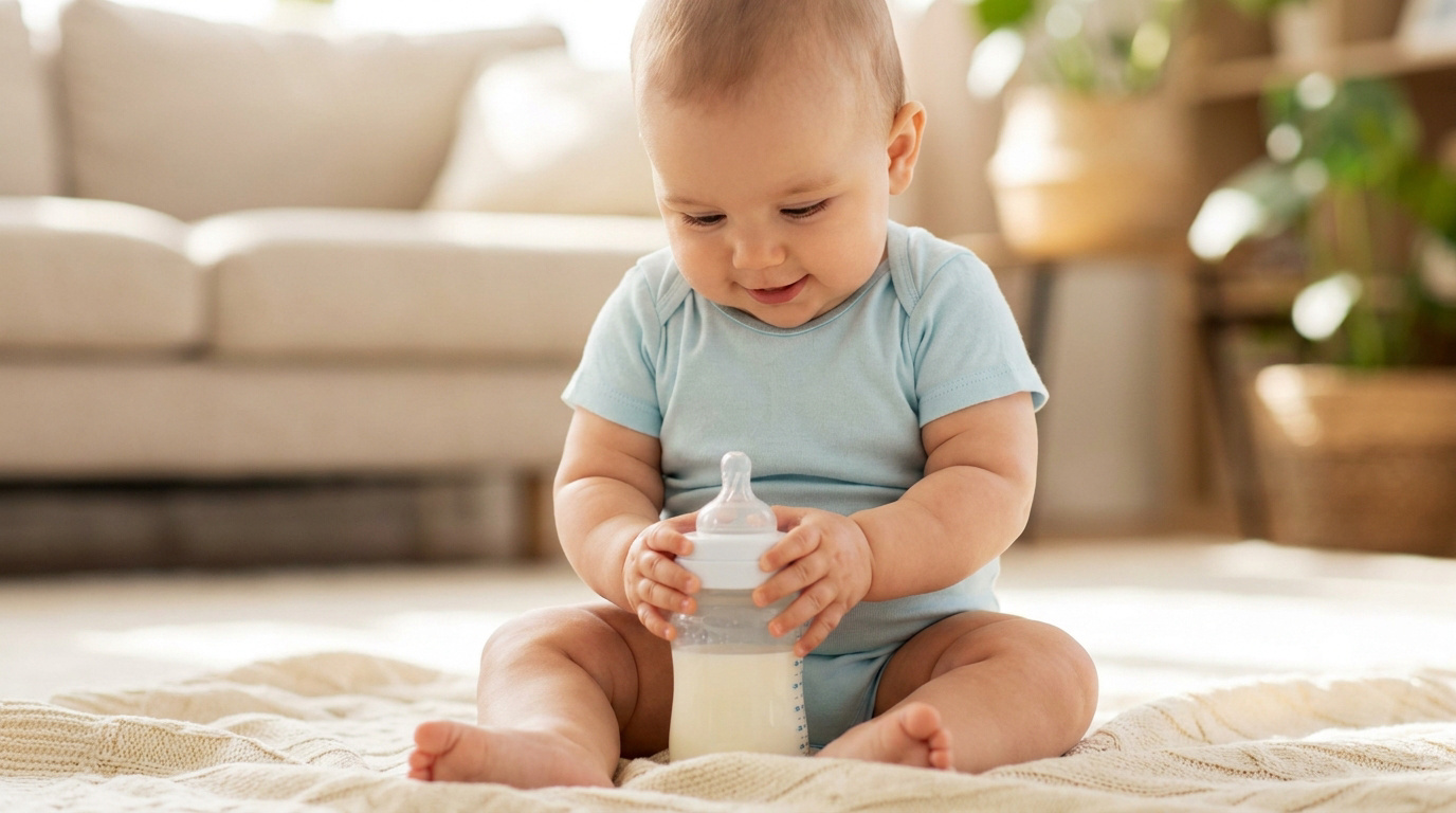 Un adorable bébé en body bleu assis sur un tapis tenant son biberon de lait avec ses deux mains.