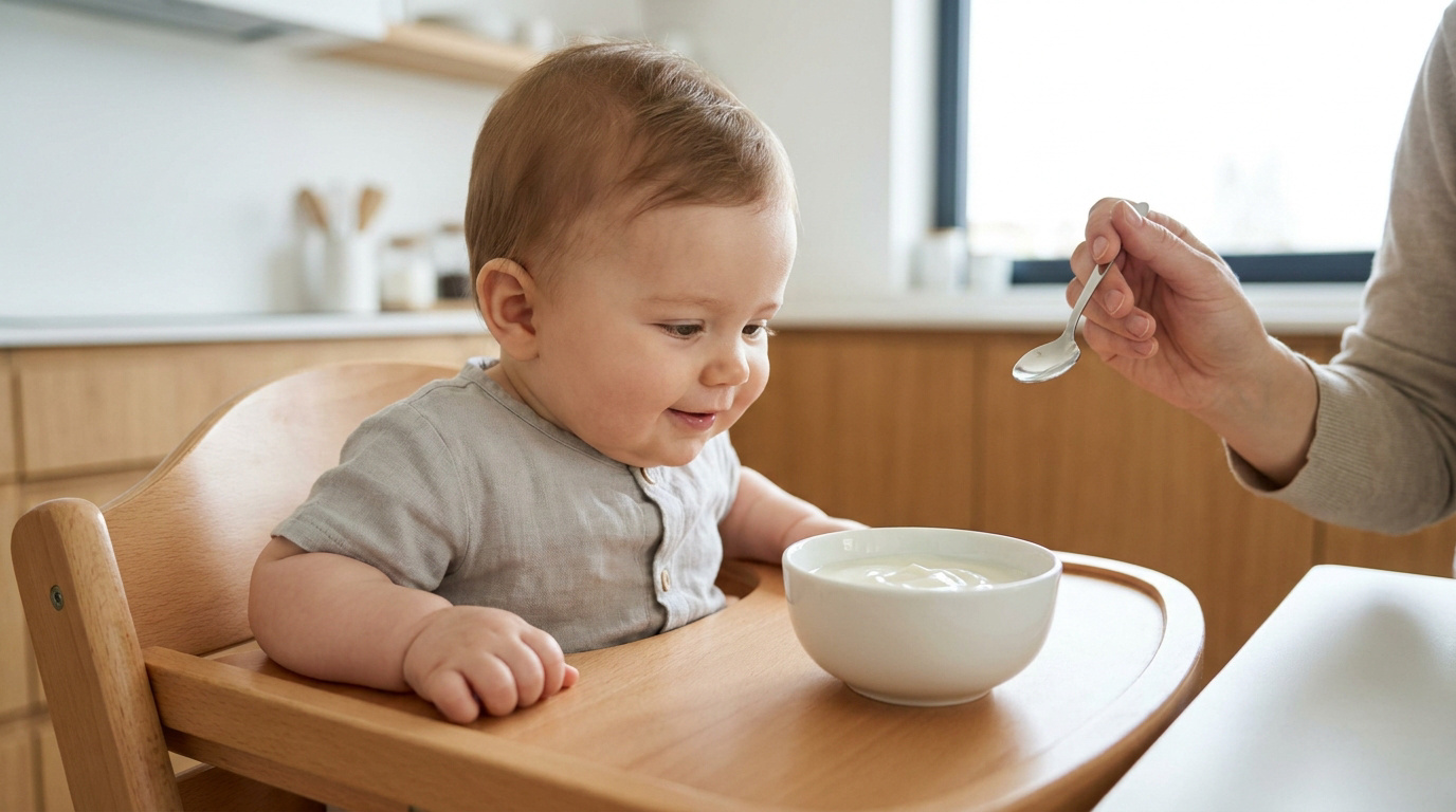 Un bébé souriant assis dans une chaise haute en bois devant un bol de yaourt pendant qu'un parent lui donne à manger.