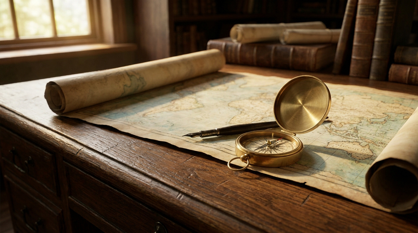 Une boussole en laiton posée sur une carte ancienne déroulée sur un bureau en bois vintage avec des livres en arrière-plan.