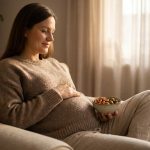 Femme enceinte souriante assise dans un fauteuil, tenant un bol d'olives et de bretzels.