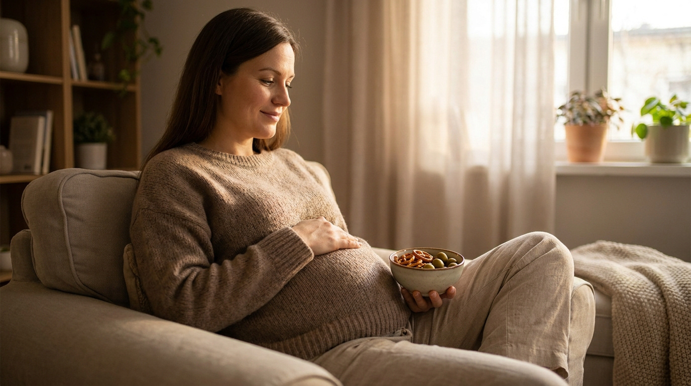 Femme enceinte souriante assise dans un fauteuil, tenant un bol d'olives et de bretzels.