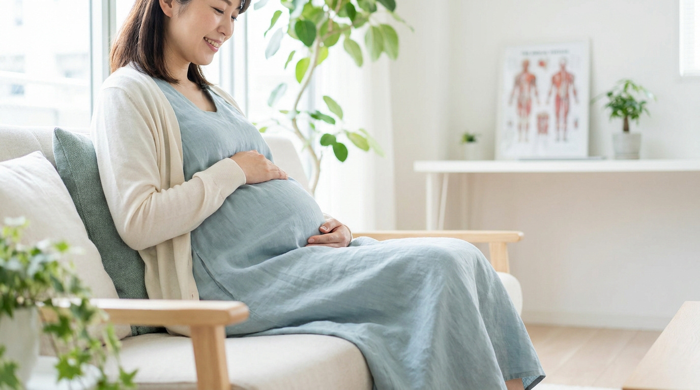 Une femme enceinte souriante assise sur un canapé, posant tendrement la main sur son ventre dans un cadre lumineux.
