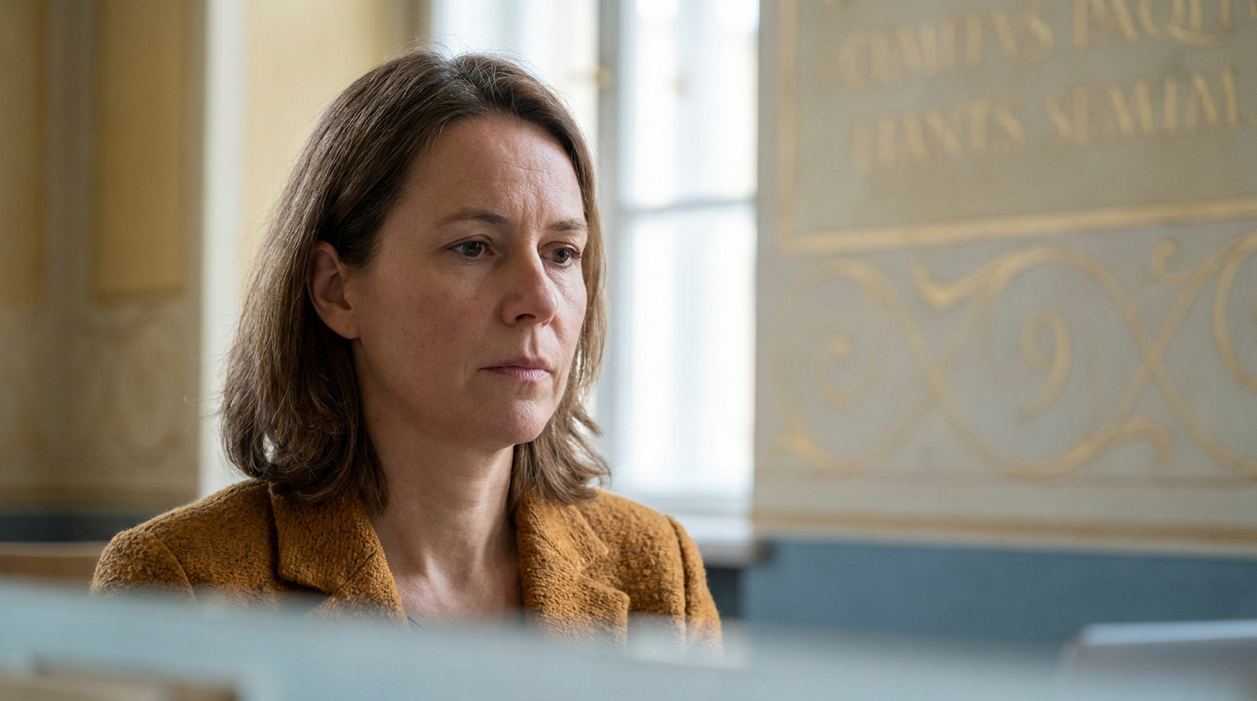 Portrait d'une femme au regard pensif portant une veste texturée ocre dans un intérieur élégant.