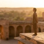 Un jeune homme en tenue traditionnelle méditant au coucher du soleil sur une terrasse en pierre d'un bâtiment historique.