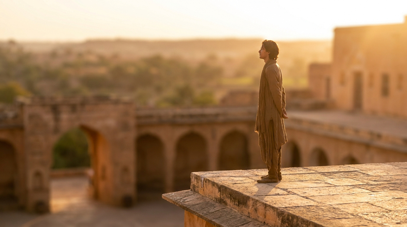 Un jeune homme en tenue traditionnelle méditant au coucher du soleil sur une terrasse en pierre d'un bâtiment historique.
