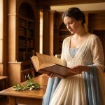 Une femme en robe d'époque style Régence lisant un livre ancien dans une bibliothèque en bois élégante.