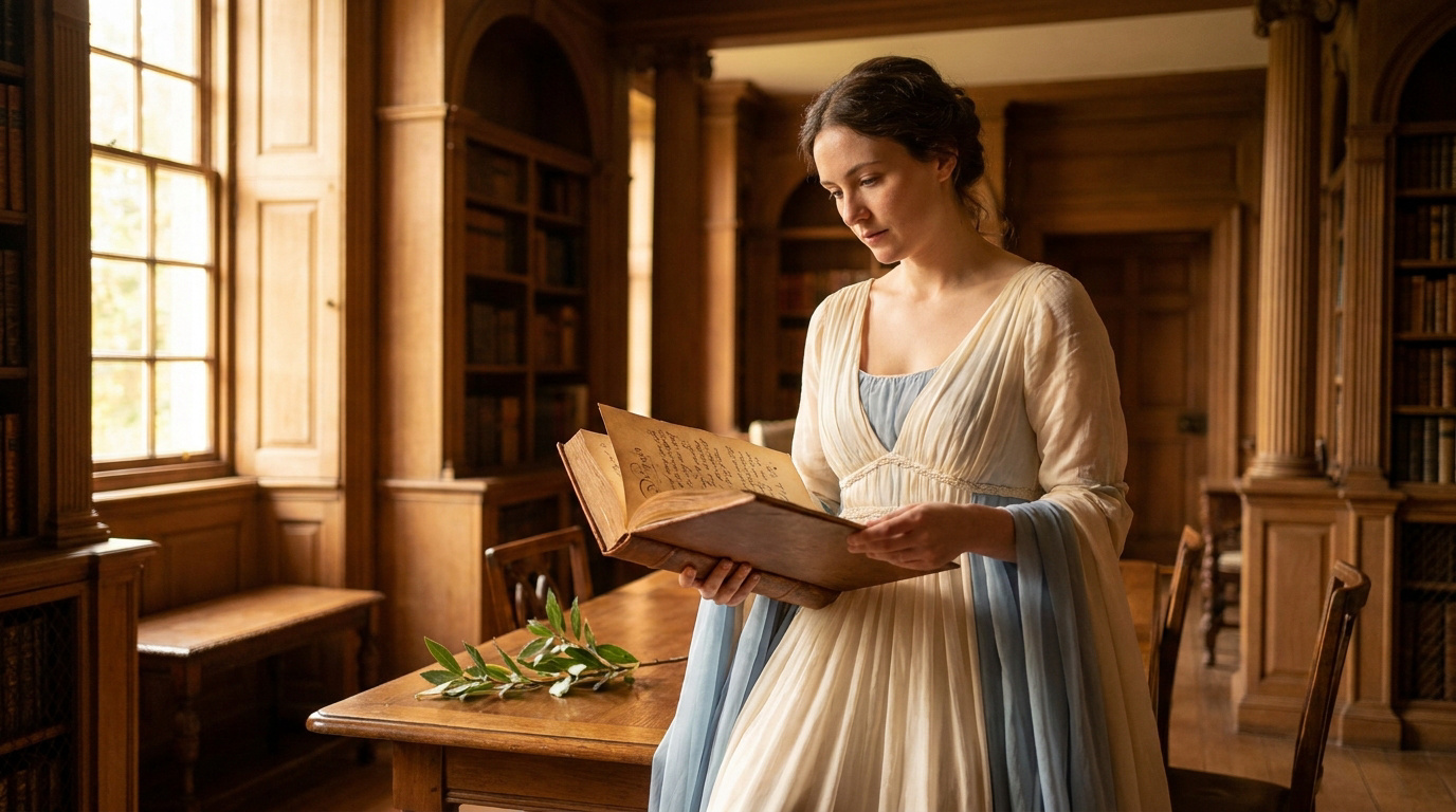 Une femme en robe d'époque style Régence lisant un livre ancien dans une bibliothèque en bois élégante.